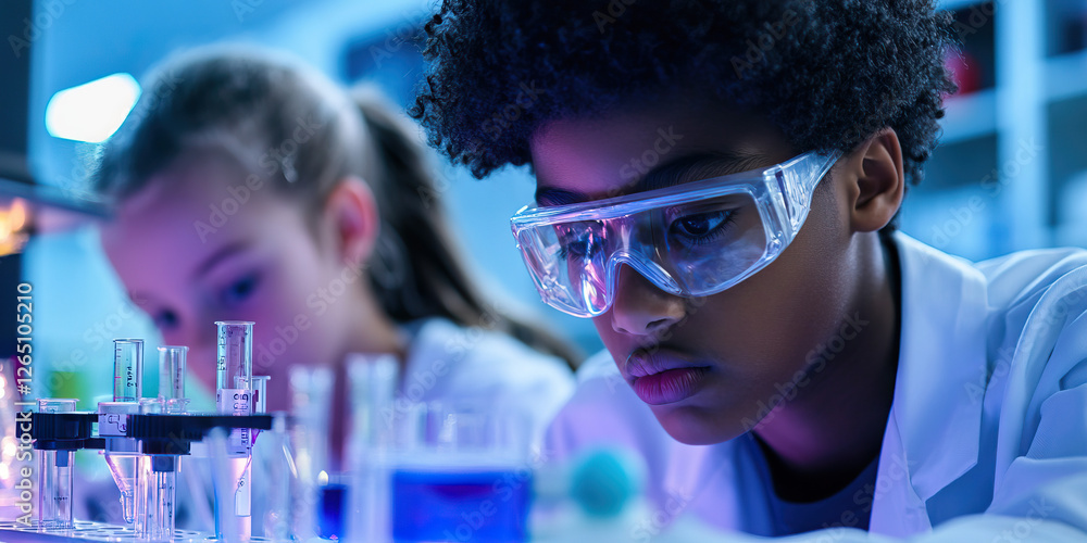 Poster students conducting a science experiment in a laboratory setting