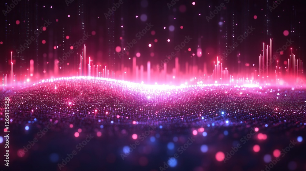 Aufkleber Abstract background featuring vibrant and dynamic visualization of data represented as glowing particles and rising bars