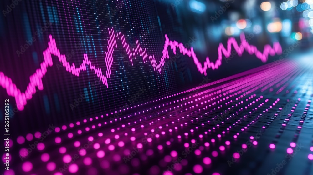 Poster fluctuating line graph in vibrant pink hues against dark backdrop market dynamics and data visualiza