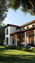 Fototapeta premium Mediterranean Style Home Architectural Rendering: Luxurious Villa Design with Lush Landscaping