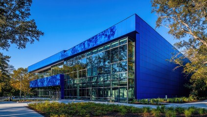 Obraz premium Modern blue building with large glass windows and landscaping.