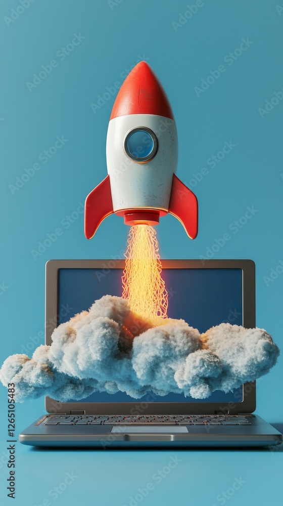 Aufkleber a stunning imagery of a vibrant rocket emitting flames while emerging from a laptop's display, captu