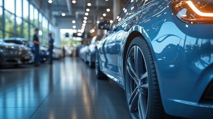 A sleek lineup of shiny cars in a modern showroom, with salespeople interacting in the background.