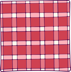 Red checkered napkin. Checkered picnic blanket. Square pattern. Kitchen gingham tablecloth. Simple vector color illustration in hand drawn style isolated on white
