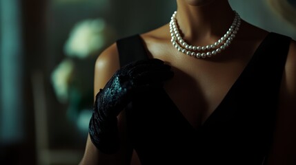 Elegant woman in a black dress with pearls and gloves, highlighting timeless sophistication in low light.