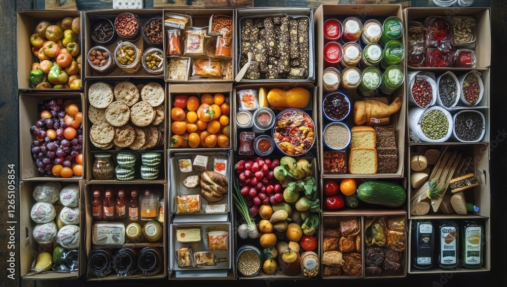 Poster overhead shot of various food items neatly arranged in boxes.
