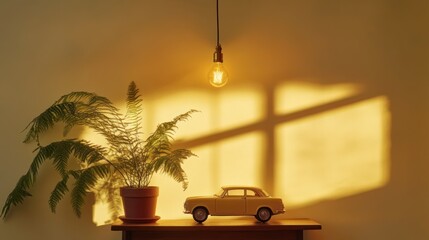 Yellow toy car, fern plant, sunset shadows, minimalist room decor, stock photo