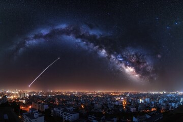 Naklejka premium Night cityscape with Milky Way galaxy and shooting star.