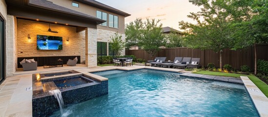 Luxury backyard with pool, spa, and outdoor entertainment area.