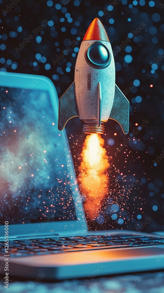 Poster a vintage-style rocket is dramatically taking off from a laptop's keyboard, surrounded by a swirling