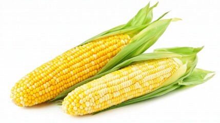 Harvested corn cobs lie side by side, adorned with lush green husks that cradle their golden kernels. This display of seasonal produce captures the essence of summer crops and local agriculture