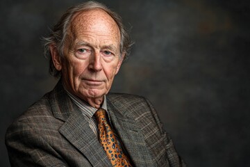 Fototapeta premium Elderly man in a formal outfit displays a thoughtful expression against a dark background