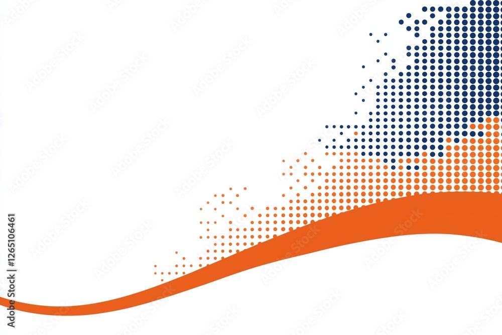 Poster dynamic display of orange and blue halftone dots cascading down with bold orange wave across crisp w