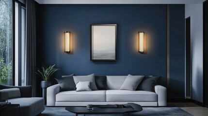 Modern wall sconces illuminate living room