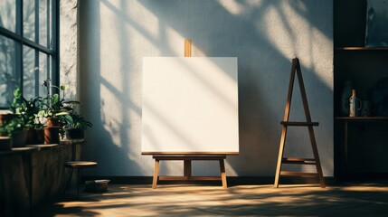 Sun-dappled room with a blank canvas on an easel, flanked by lush plants; a haven for creativity and inspiration.