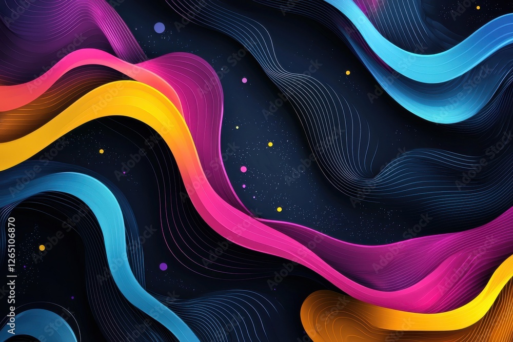 Poster abstract colorful waves and ribbon-like shapes with thin white lines on dark backdrop