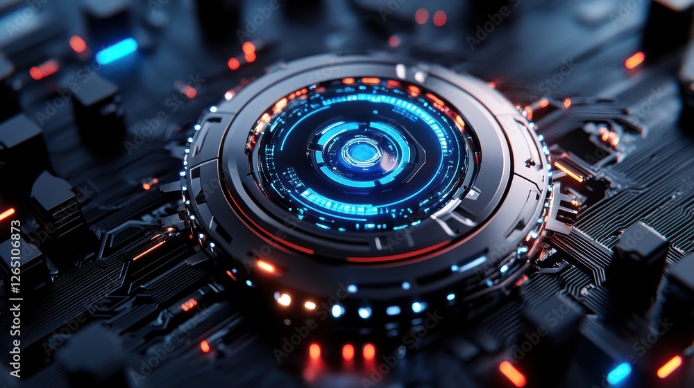 Aufkleber futuristic circular interface with glowing elements and circuit board background in vibrant blue and