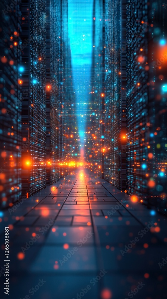 Aufkleber Futuristic digital landscape with glowing pathway hinting advanced technology and digital networks tech related themes