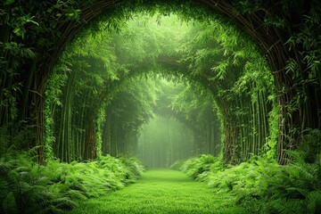 a mysterious path leading into a dense, verdant forest, creating an ethereal and magical atmosphere 