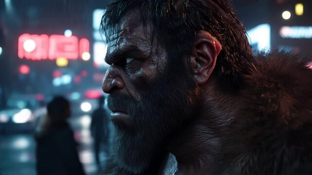 Closeup of Confused Neanderthal at Rainy Night in City with Moving People and Cars