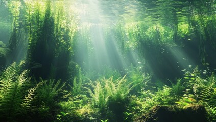 Obraz premium Sunbeams illuminate lush underwater plants and ferns in a tranquil aquatic scene.