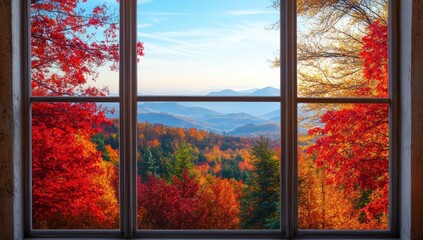 Autumnal landscape viewed through a window showcasing vibrant fall foliage and distant mountains.