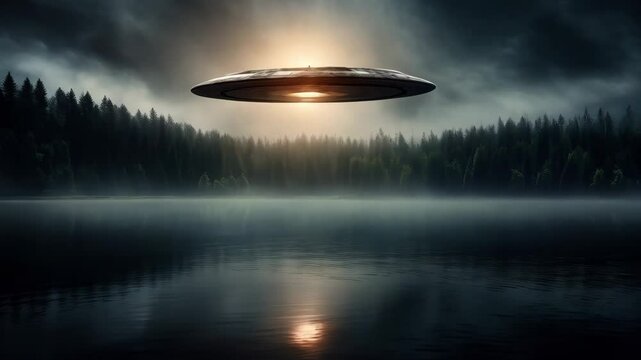 Mysterious ufo hovering over misty forest lake at night. Flying saucer with bright lights above calm water surface. Extraterrestrial alien spacecraft concept. Dark atmosphere.