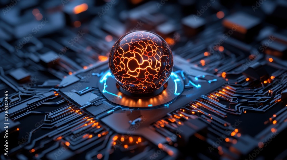 Poster futuristic technology sphere on circuit board with glowing patterns and vibrant colors