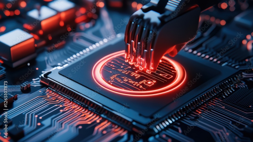 Poster close-up of a hand engraving a microchip with glowing circuits abstract technology concept