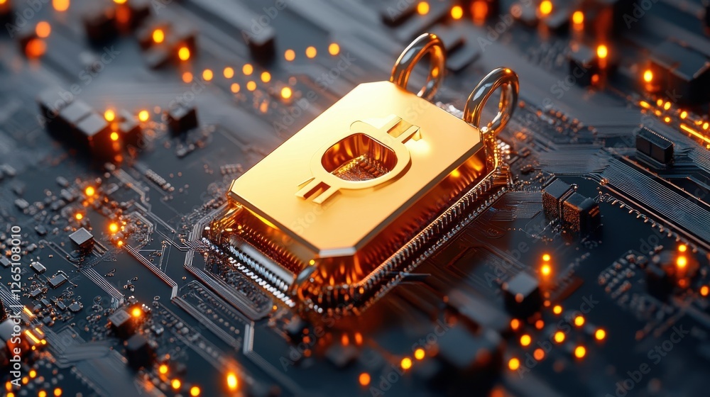 Poster golden padlock on a circuit board with glowing lights representing digital security and technology c