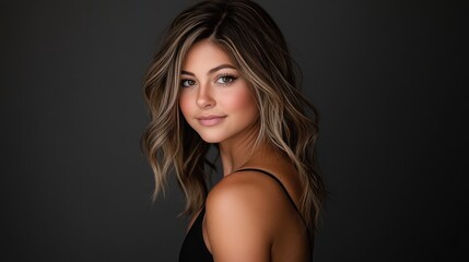 Naklejka premium Woman smiling, studio portrait, dark background, headshot
