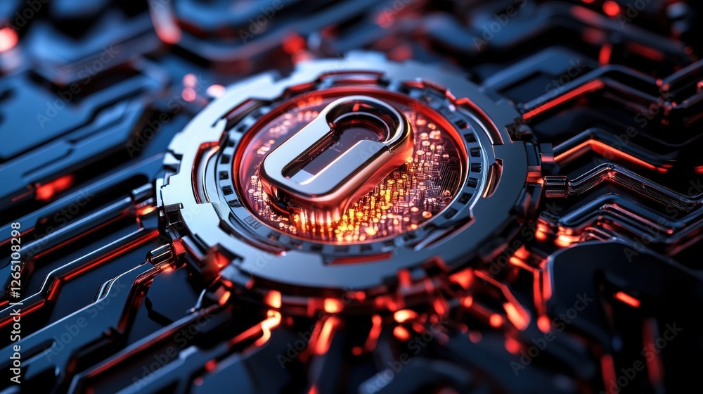 Poster abstract cyber security concept featuring a padlock icon with glowing circuits and metallic textures
