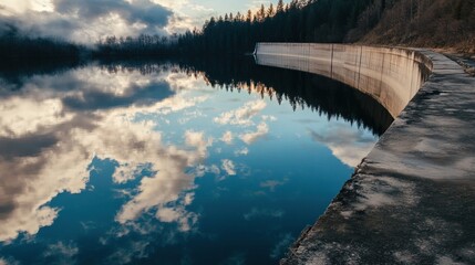 Cloudy Reflections on a Serene Lake by a Concrete Dam Structure