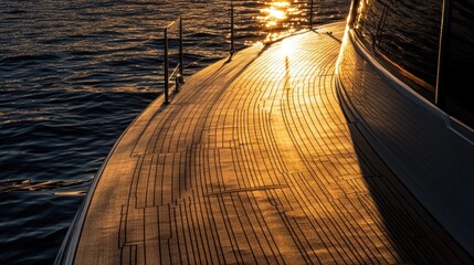 Sunset light on a yacht's teak deck.