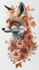 Fototapeta premium Artistic fox portrait with autumn flowers.