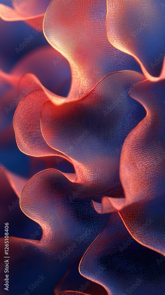Poster Abstract waves of textured material in shades of blue and red flowing dynamic composition with subtle color transitions