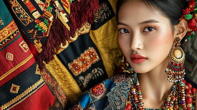 pretty young Asian Tibetan woman wearing colorful traditional dress with colorful clothes background