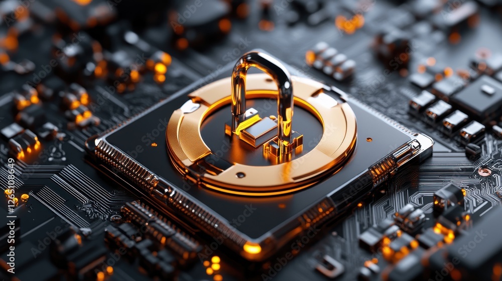 Poster high-tech circuit board with a bronze lock symbolizing security in digital technology