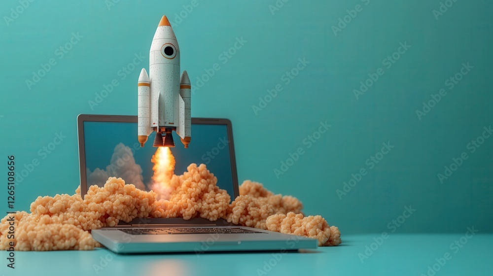 Poster a captivating image of a rocket launching from a laptop, symbolizing the intersection of technology 
