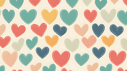 Colorful heart pattern design with various shapes and sizes, perfect for expressing love and affection. This flat design features playful arrangement of hearts in soft tones