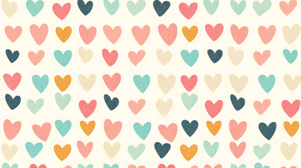 Colorful heart pattern design featuring various heart shapes in pastel colors, creating cheerful and playful atmosphere. Perfect for romantic themes or festive occasions