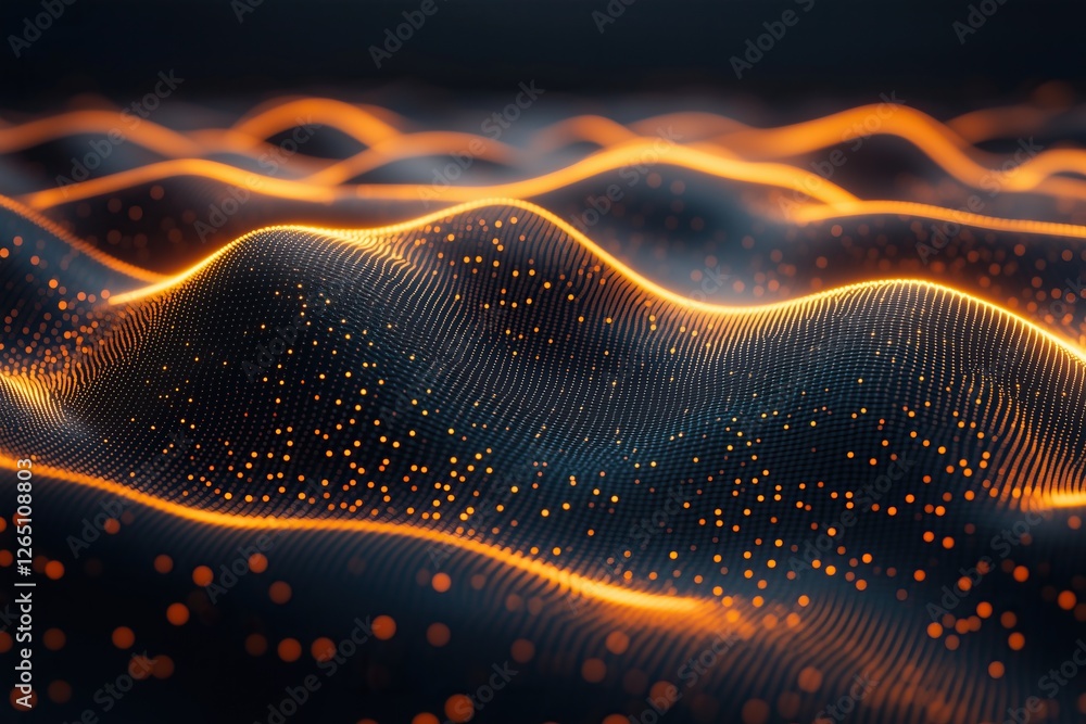 Poster Abstract landscape with undulating surfaces and luminous particles evoking concepts of networks data visualization energy fields