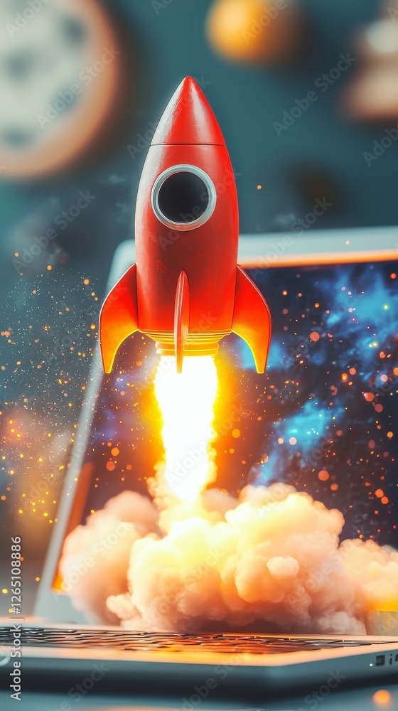 Poster a stunning representation of a rocket erupting from a laptop display, encapsulating the essence of c