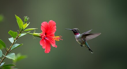 Naklejka premium A tiny hummingbird hovering near a red flower, sipping nectar with its long beak.