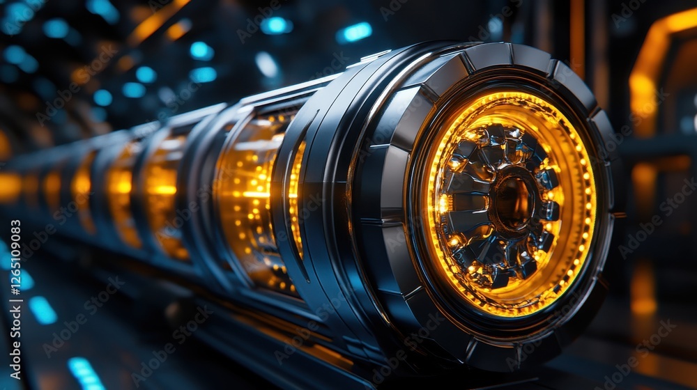 Poster futuristic cylindrical device with glowing orange lights and intricate mechanical design in a high-t