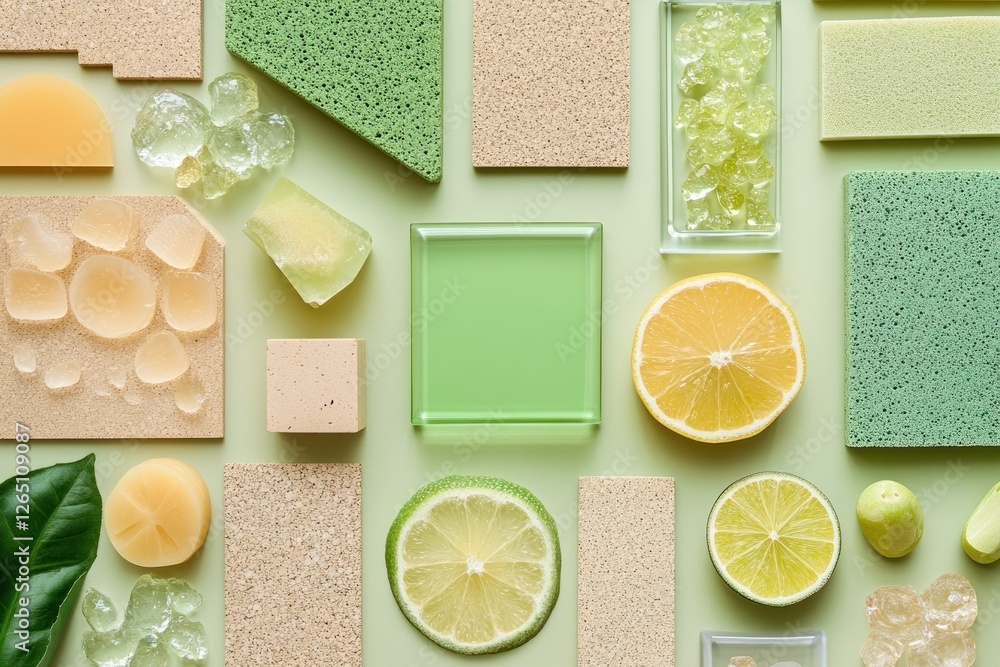 Poster flat lay of green and beige textured materials, citrus fruit slices, and translucent objects arrange