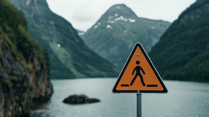 Warning sign on cliff edge, alert hikers, landscape. Caution on mountain