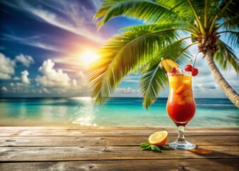 Obraz premium Refreshing Tropical Cocktail on Sunny Beach Table - Summer Vacation Drink