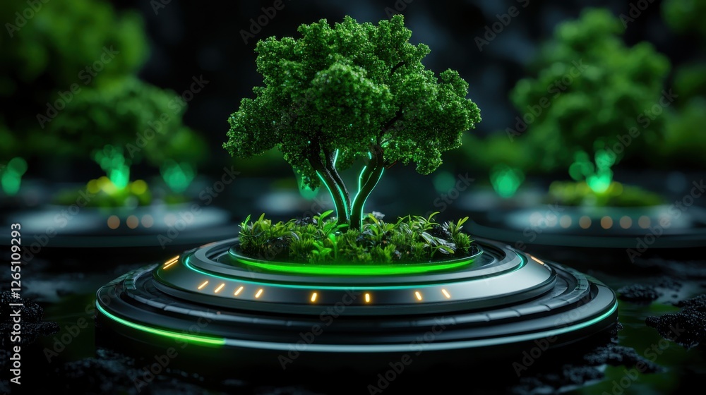 Poster futuristic tree on circular platform with glowing accents in a dark environment evocative of nature 