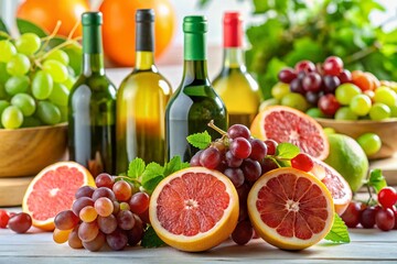 Refreshing Wine Selection: Grapefruit & Grapes on White Table - High-Resolution Stock Photo